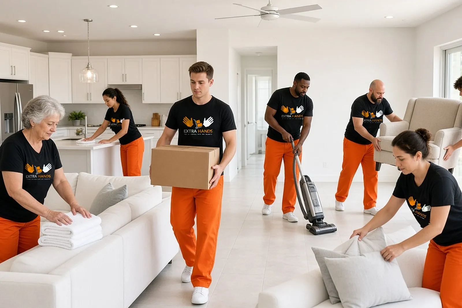 Helpers in branded tees carrying boxes and tidying a bright living room while a homeowner looks on