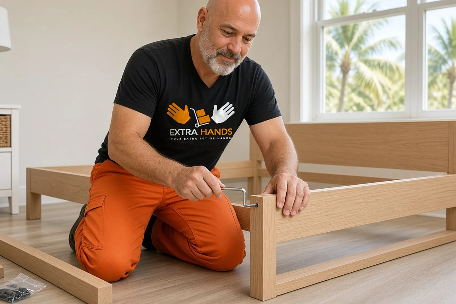 A mover assembling a wooden bed frame