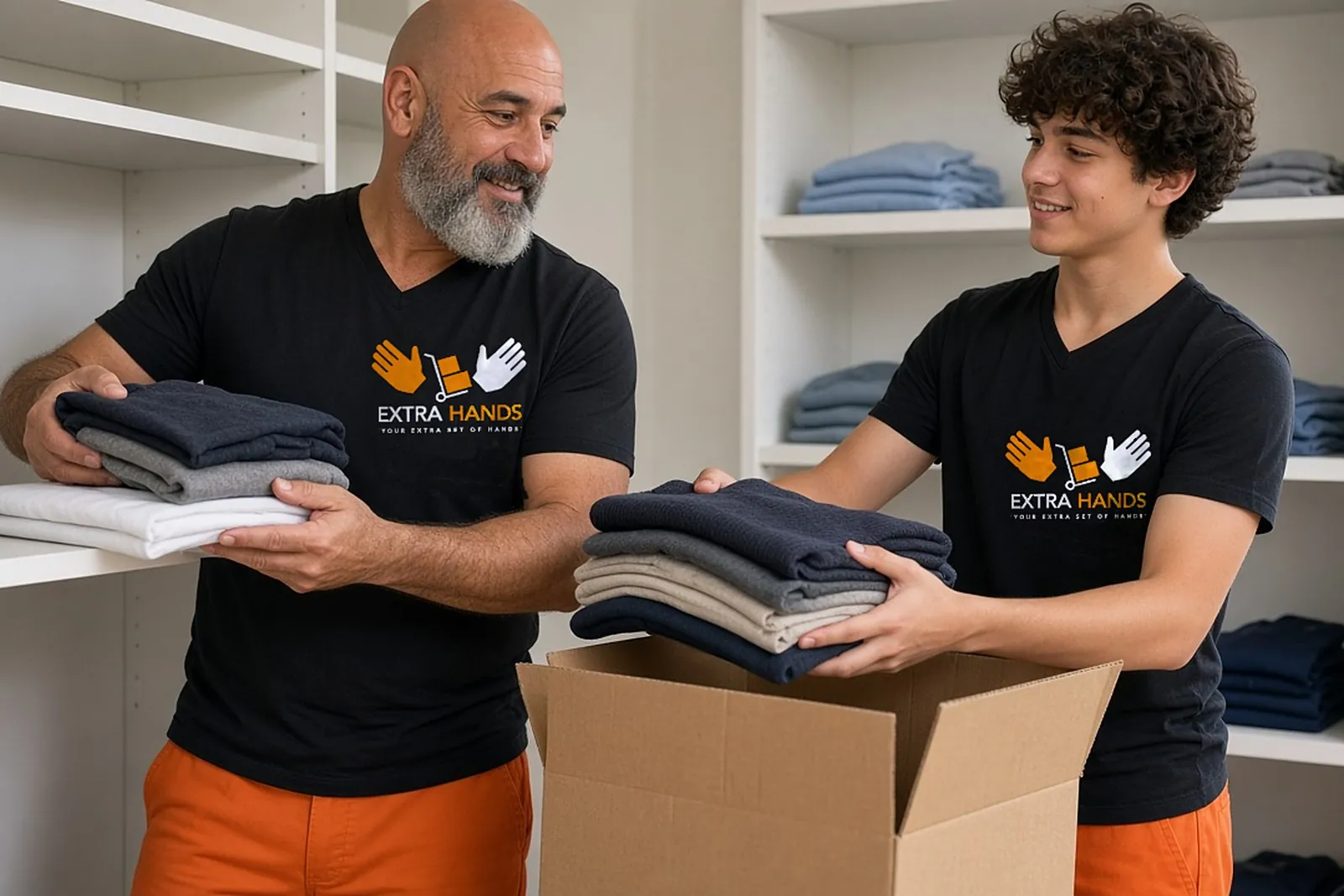 Two helpers unpacking folded clothes from a box onto shelves